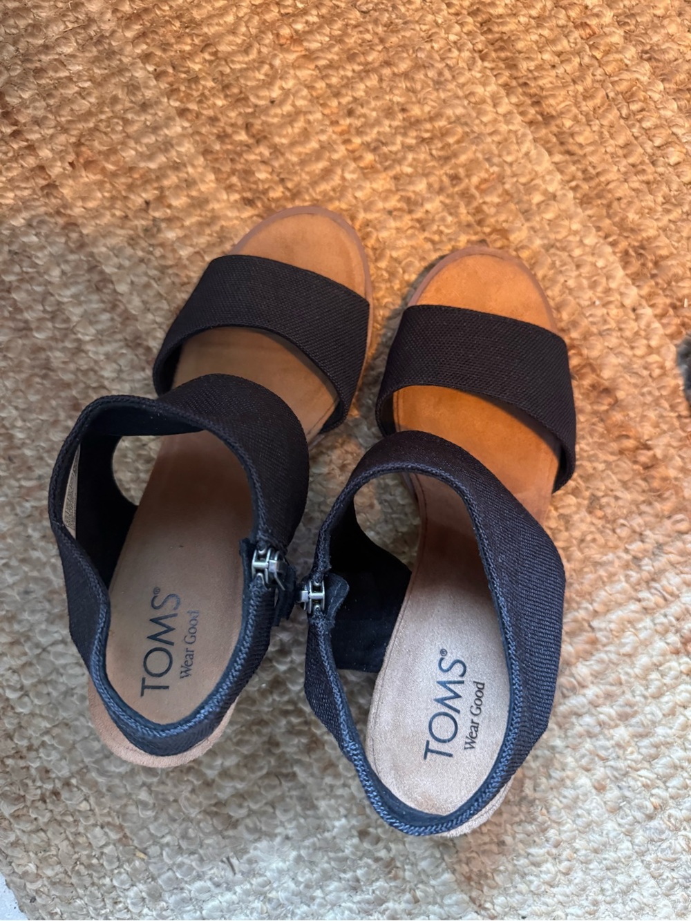 TOMS Black Canvas Ankle-Strap stacked heel Sandals